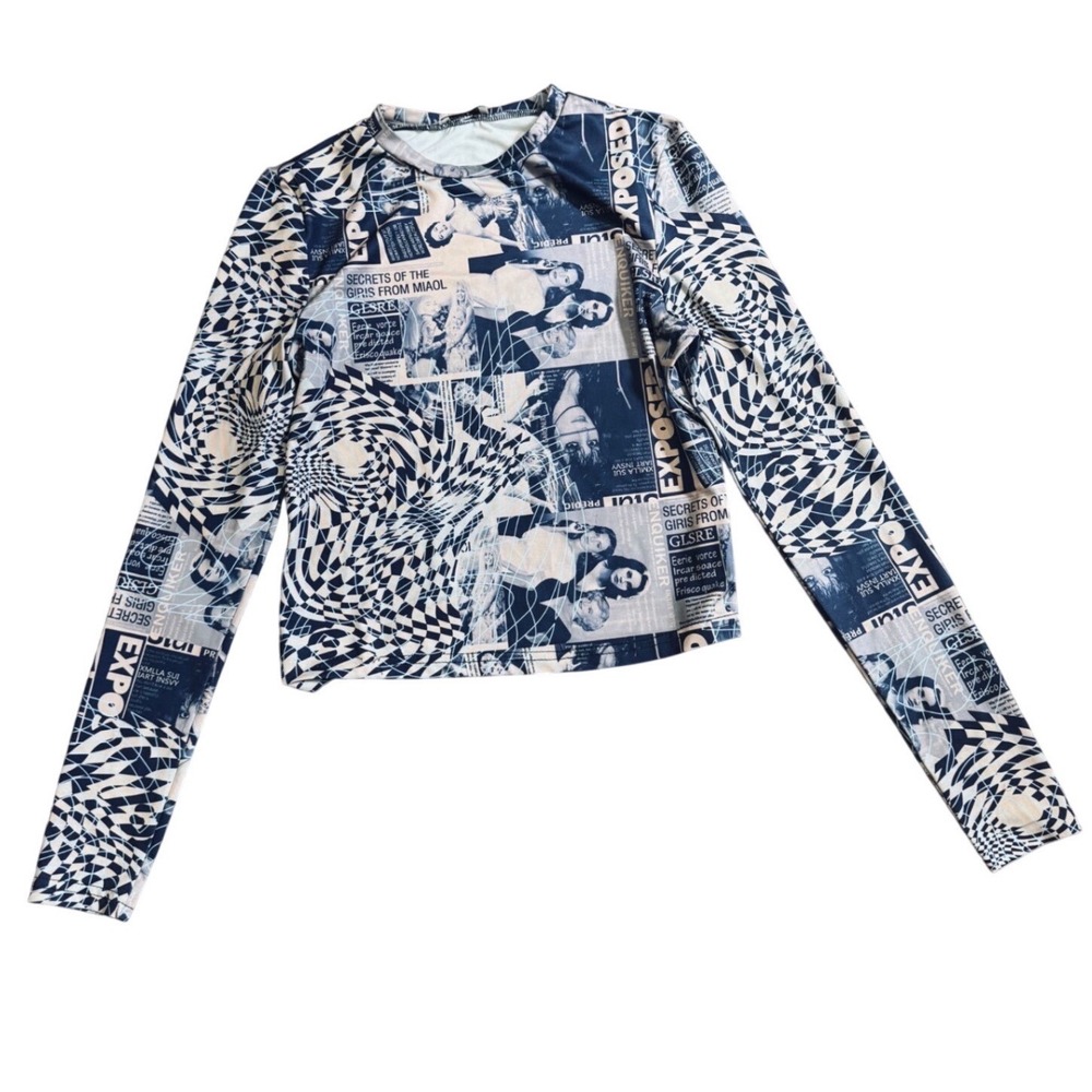 Kollyy Newspaper Print Crop Top y2k Stretchy Graphic Streetwear Medium